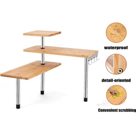 3 Tier Corner Shelf Bamboo & Metal Storage Spice Rack-Desk Bookshelf Display - Picture 4 of 5